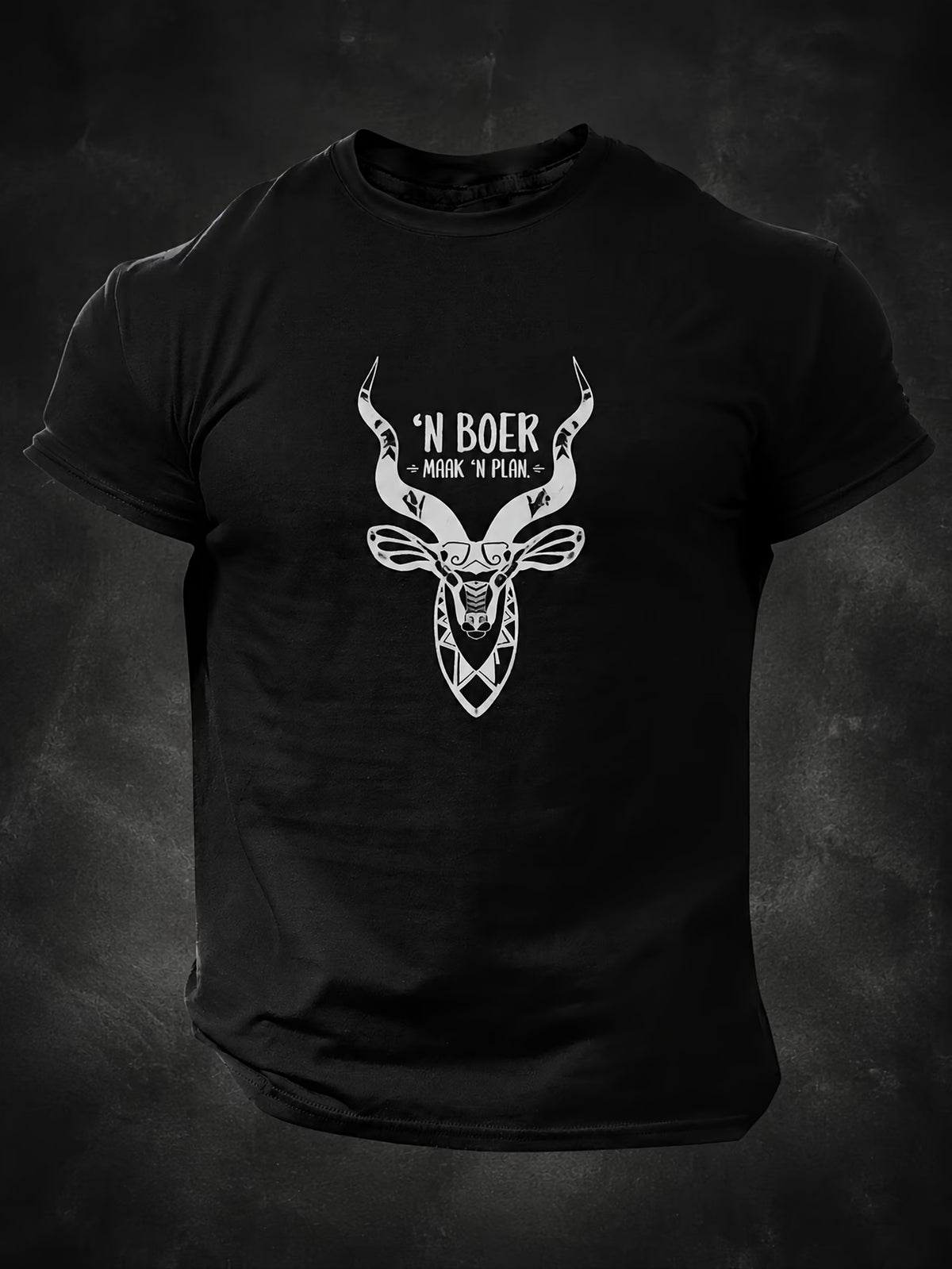 Black tribal antelope graphic T-shirt front view