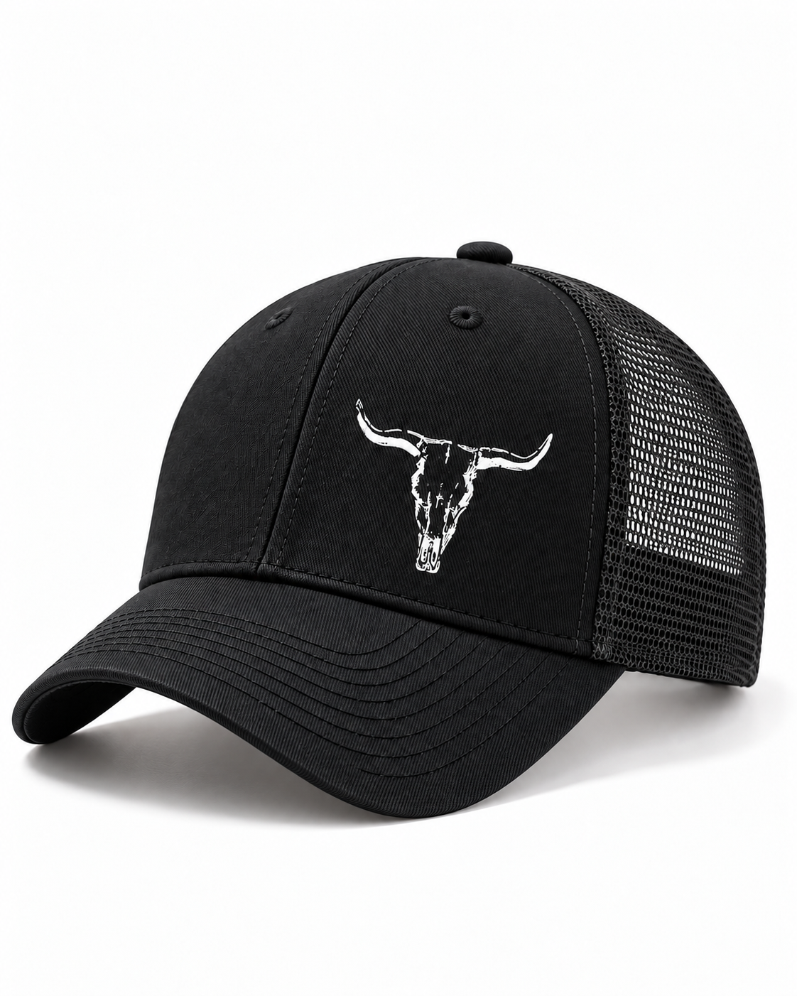 Black bull horn mesh trucker cap