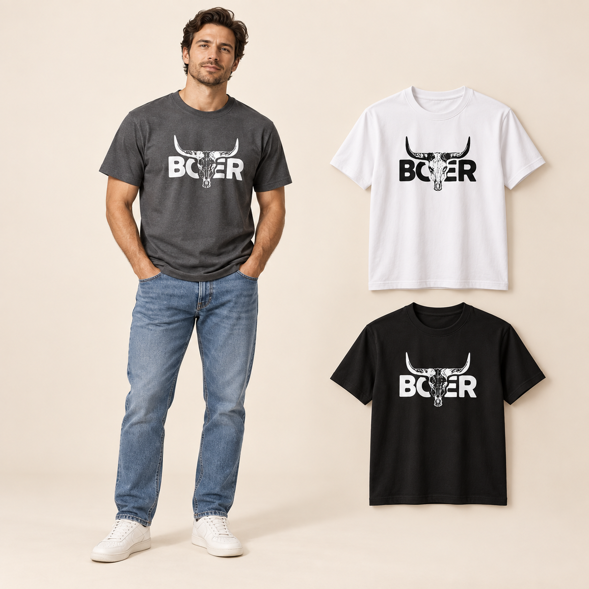 Male model wearing the Heritage Bull Three-Piece Tee Set