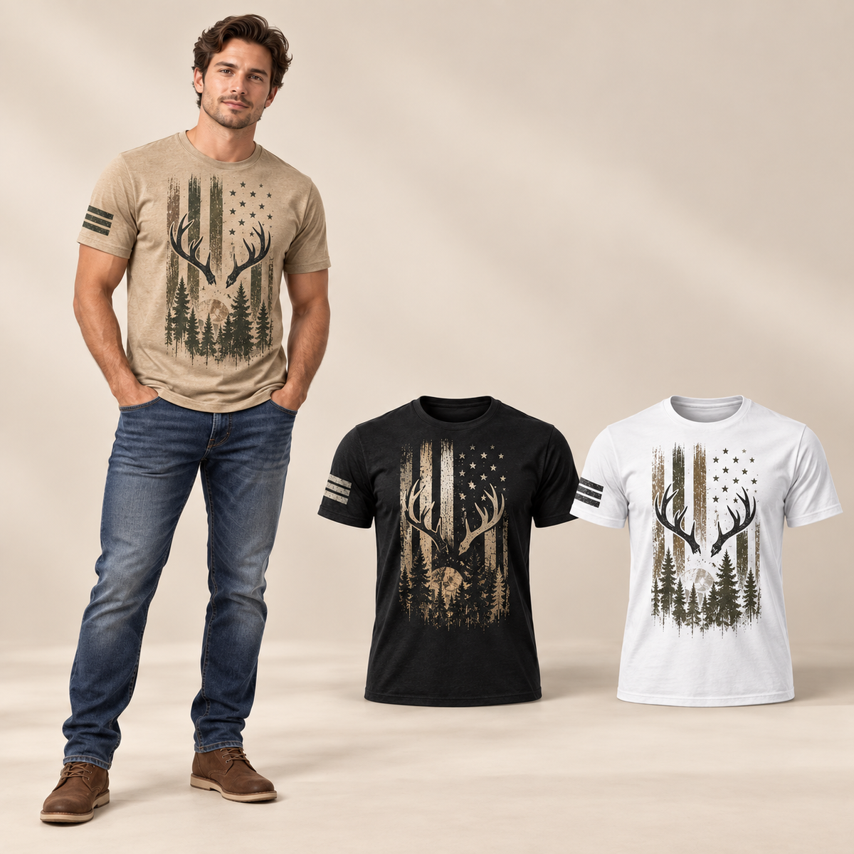 Male model wearing the Heritage Deer Three-Piece Tee Set