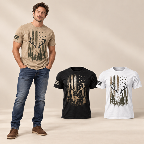Male model wearing the Heritage Deer Three-Piece Tee Set
