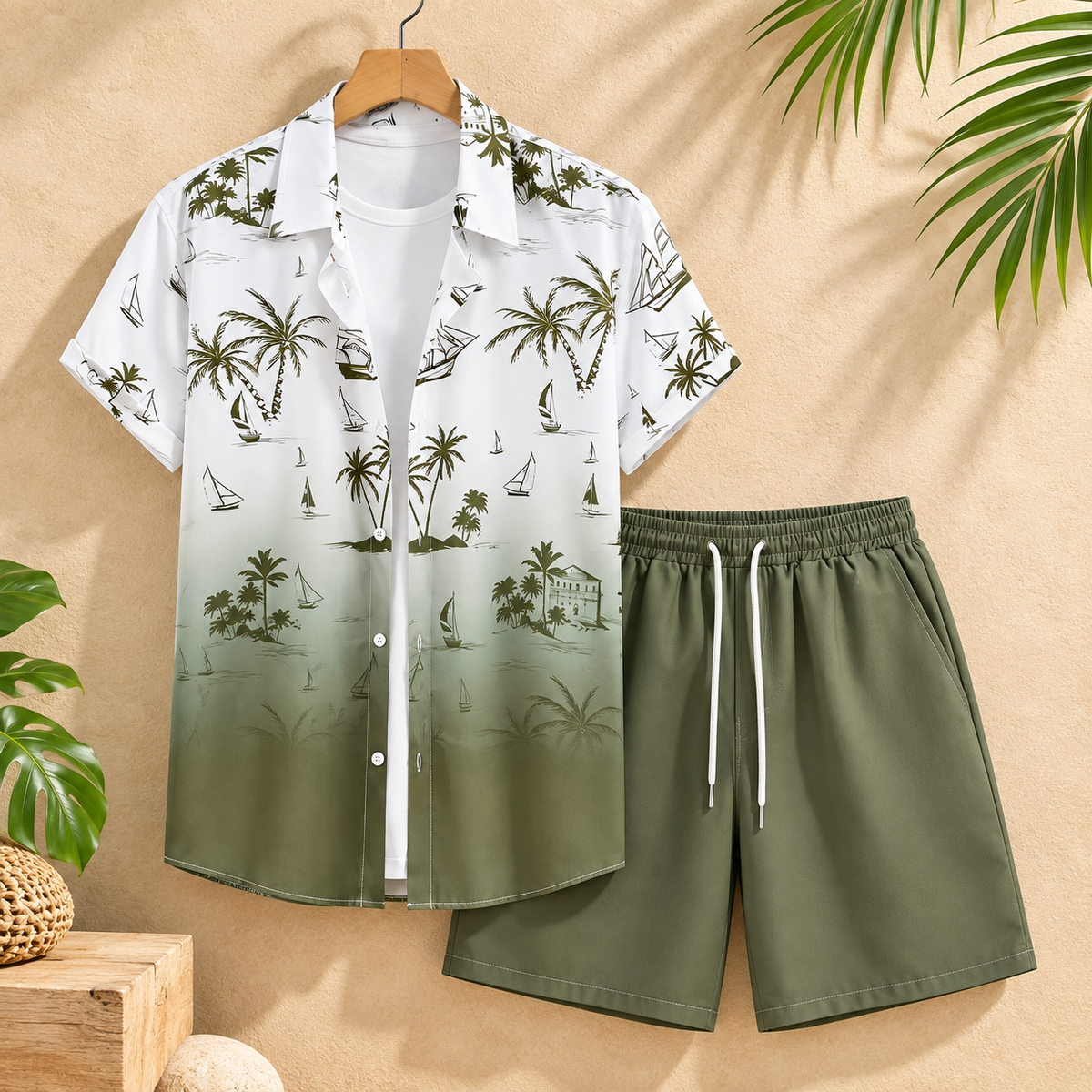Men's Palm Tree Print Summer Set – front view