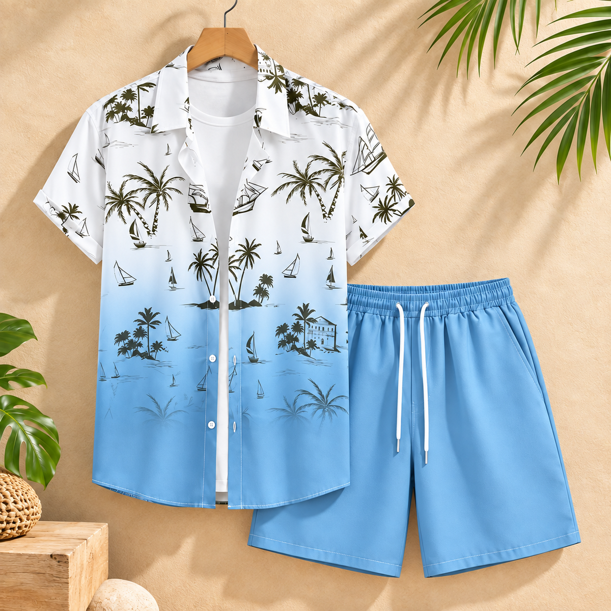 Men's Palm Tree Print Summer Set in Sky Blue