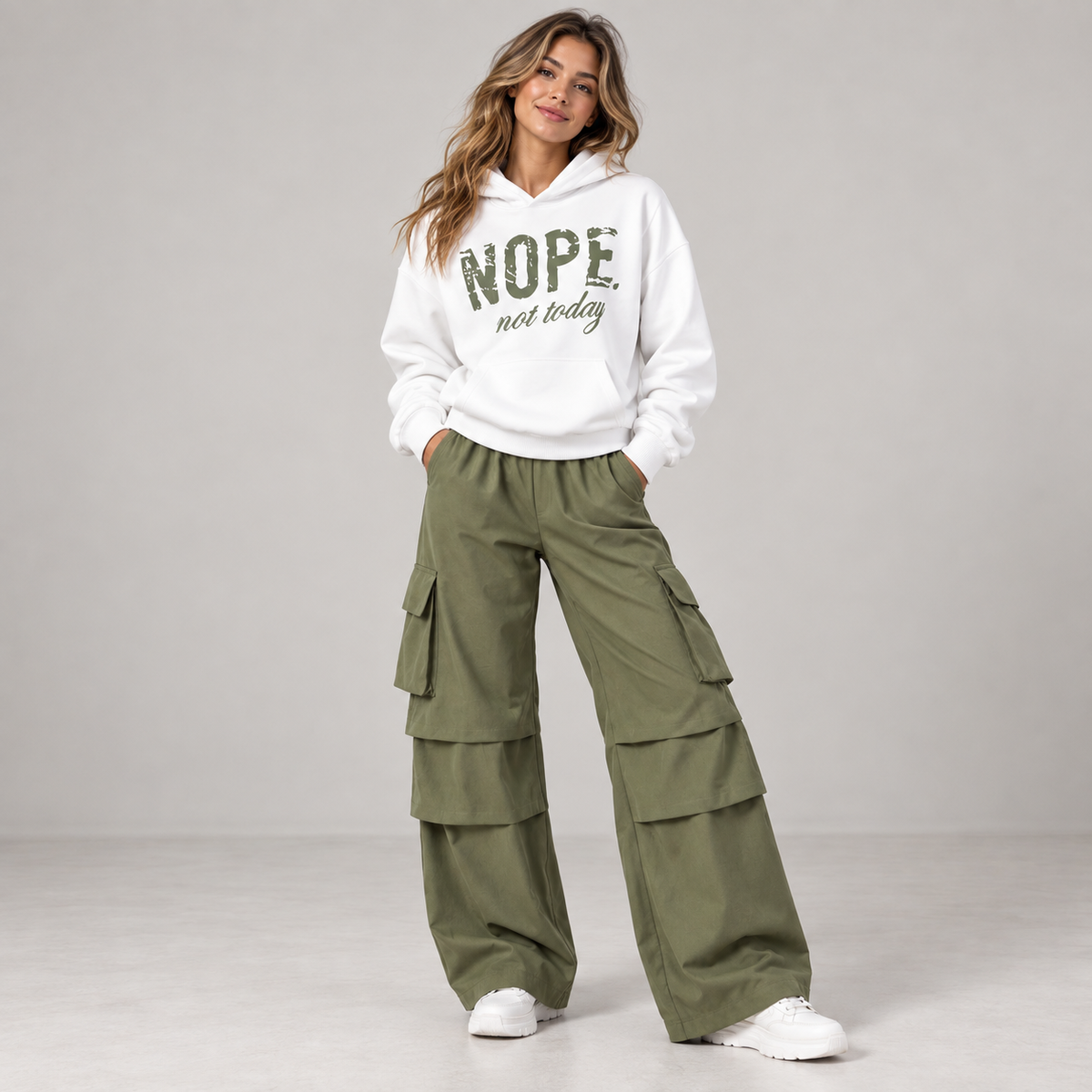 Women's Nope Not Today hoodie and olive cargo pants set front view