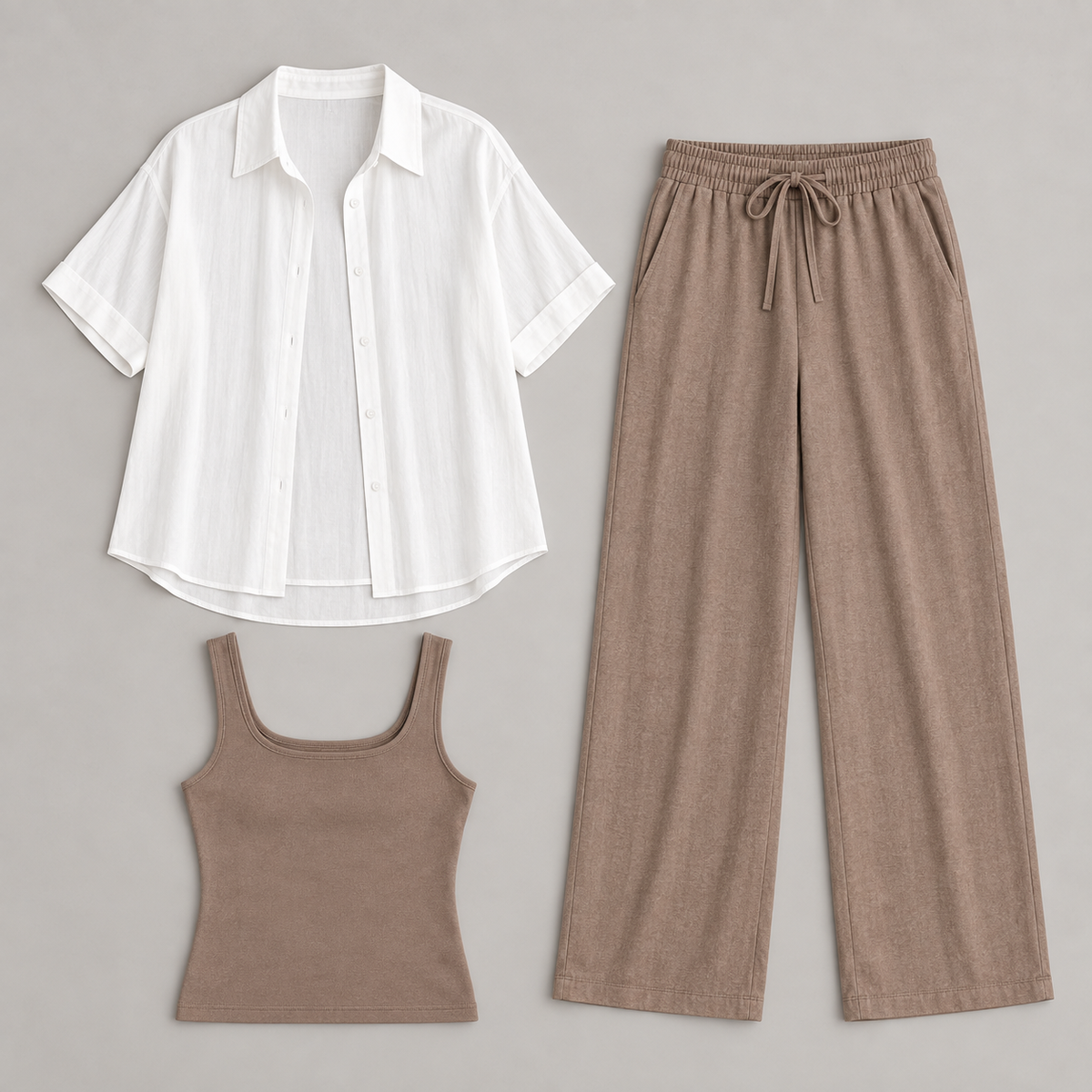 White shirt taupe tank and pants three-piece set flat lay