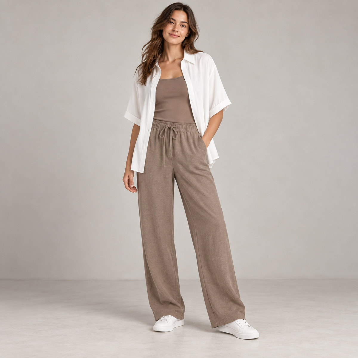 Women's neutral three-piece summer set front view