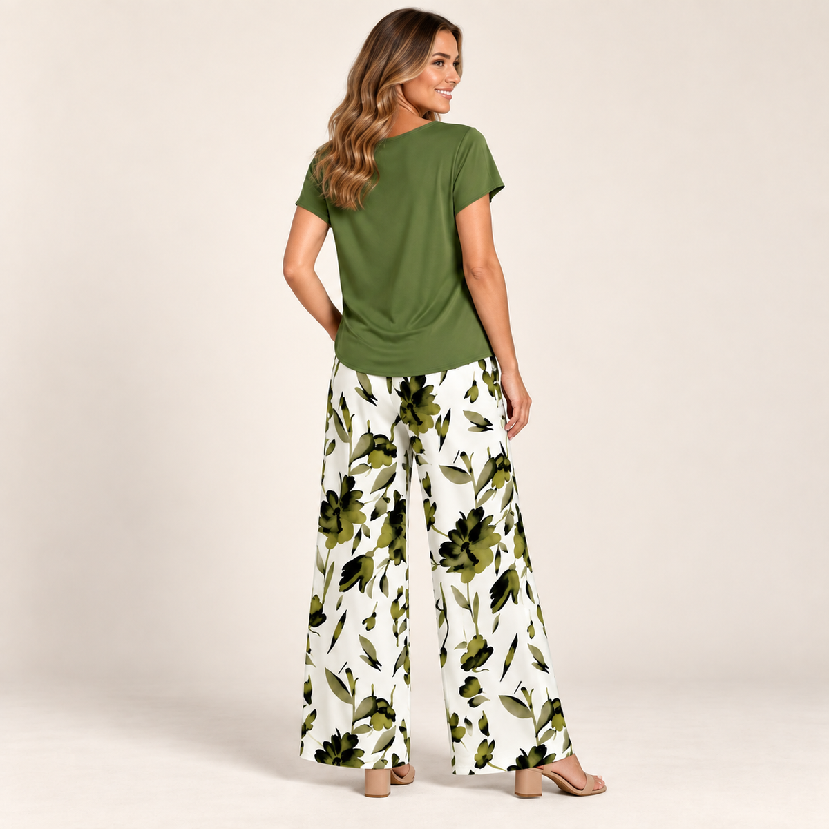Back view of olive green top and floral wide-leg pants set