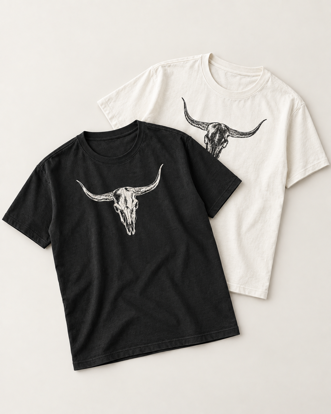 Bull Skull black and ivory tee set, angled view