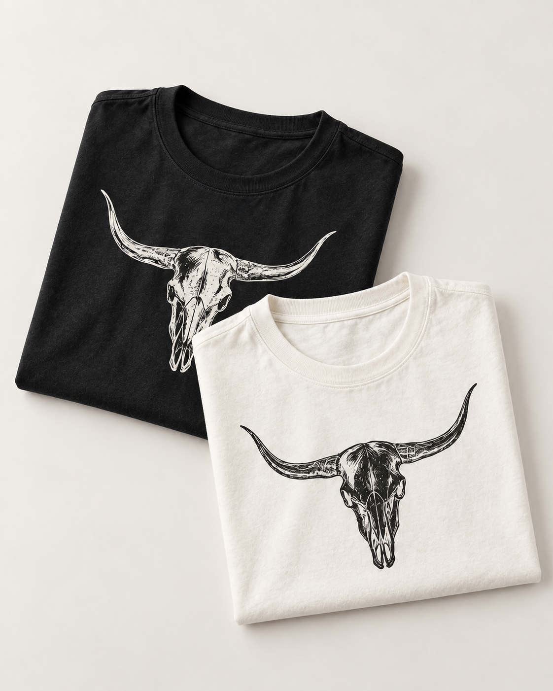 Bull Skull black and ivory tee set, overhead view