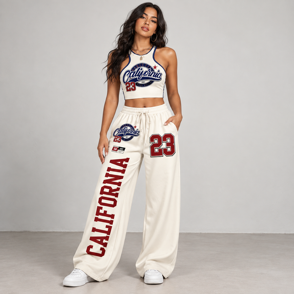 Woman wearing the California 23 cream two-piece streetwear set