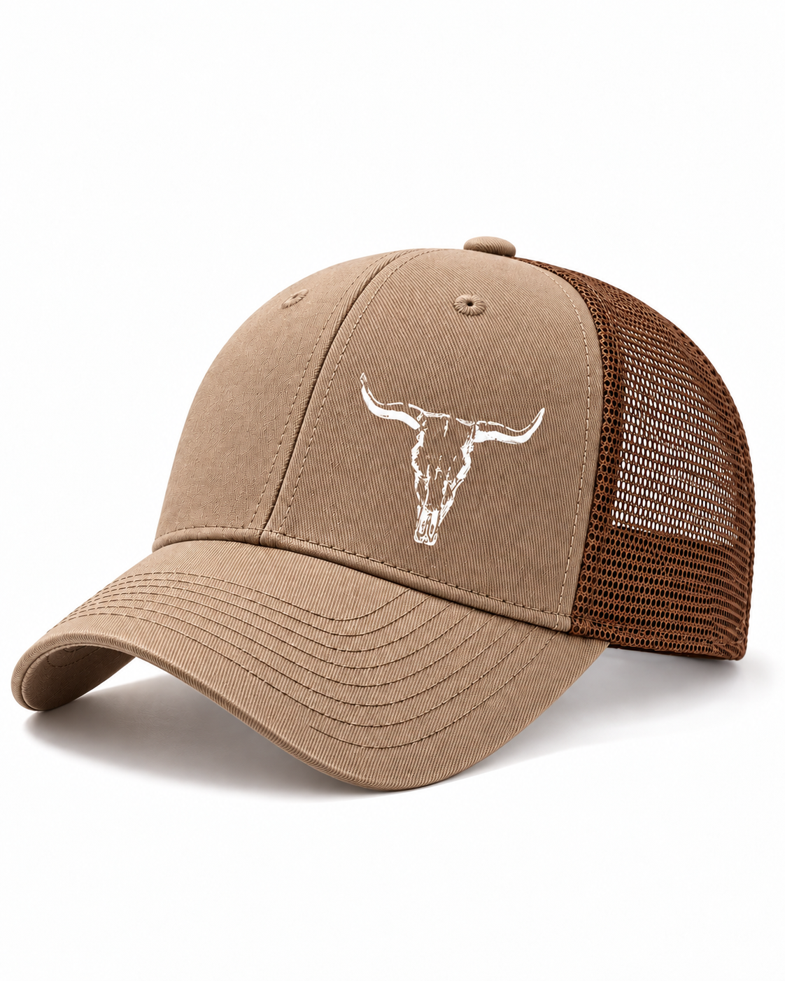 Khaki bull horn mesh trucker cap