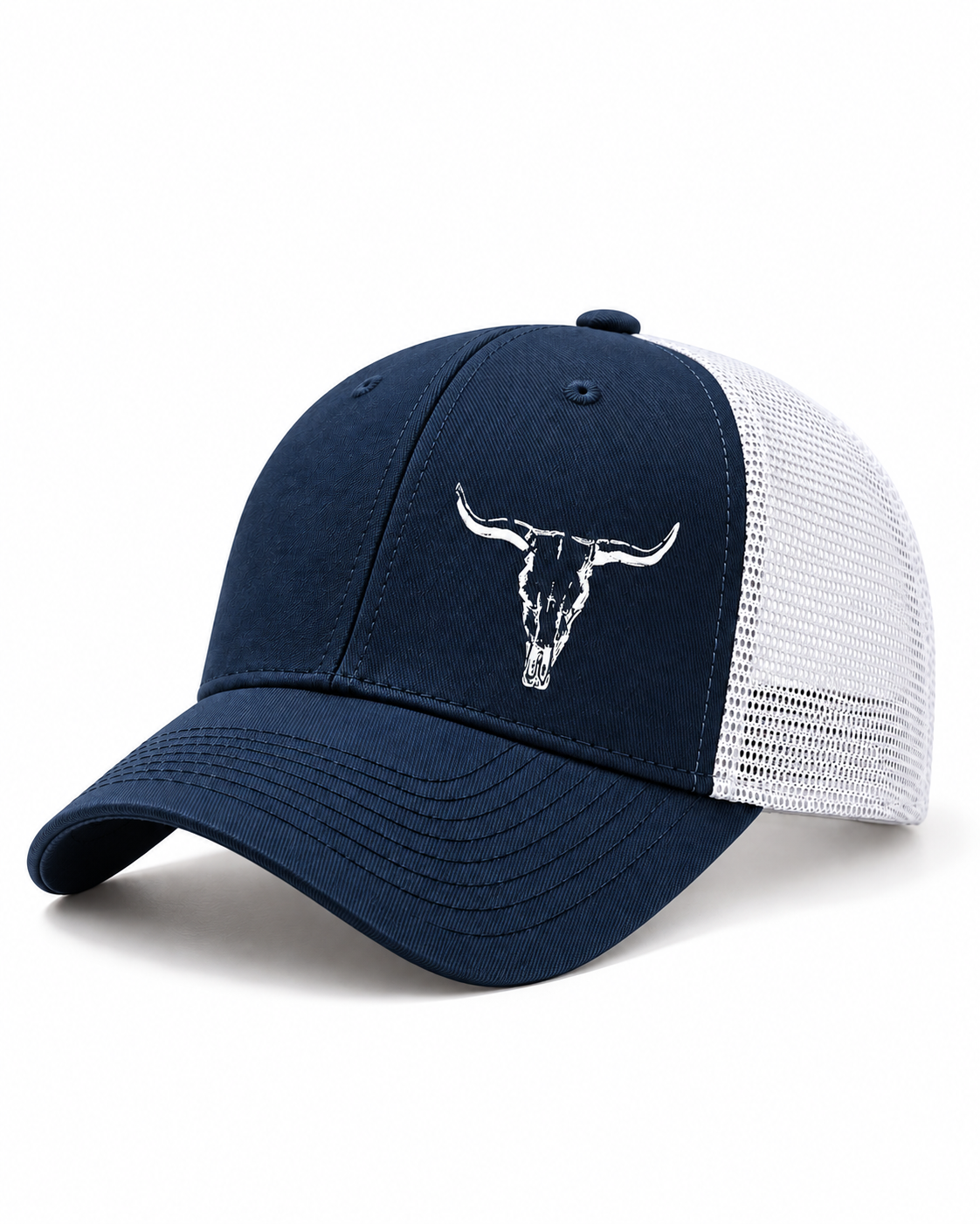 Navy bull horn mesh trucker cap