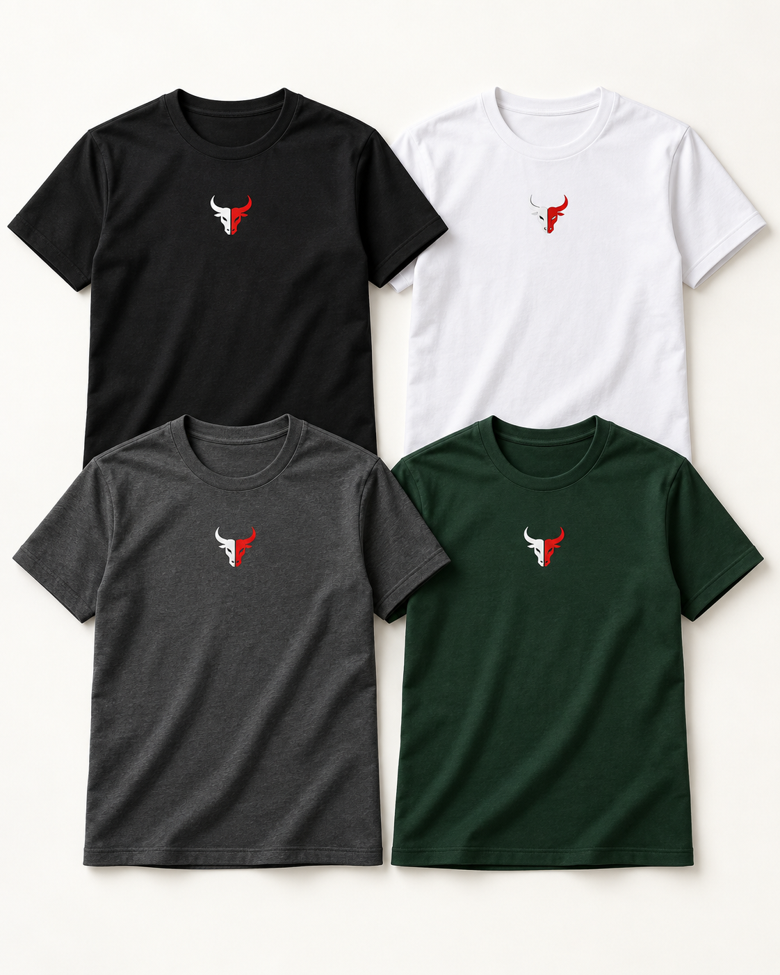 Four-piece split bull tee set in black, white, charcoal and forest green