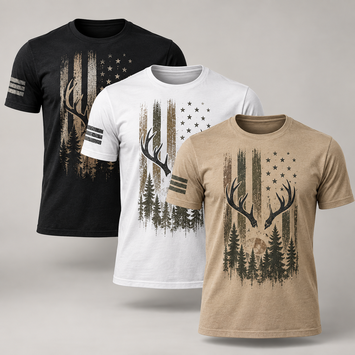 Three-piece heritage deer tee set in black, white and sand