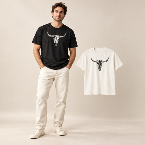 Male model wearing the Bull Skull Two-Pack Tee Set