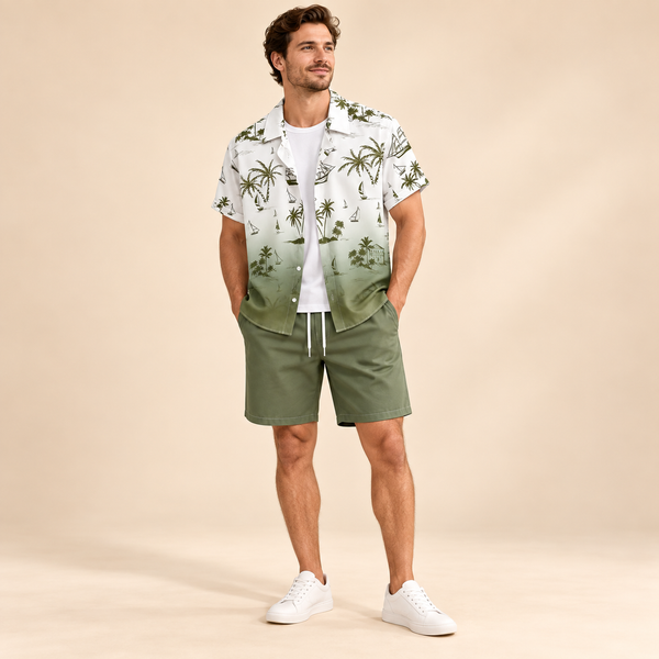 Male model wearing the Palm Tree Print Summer Set