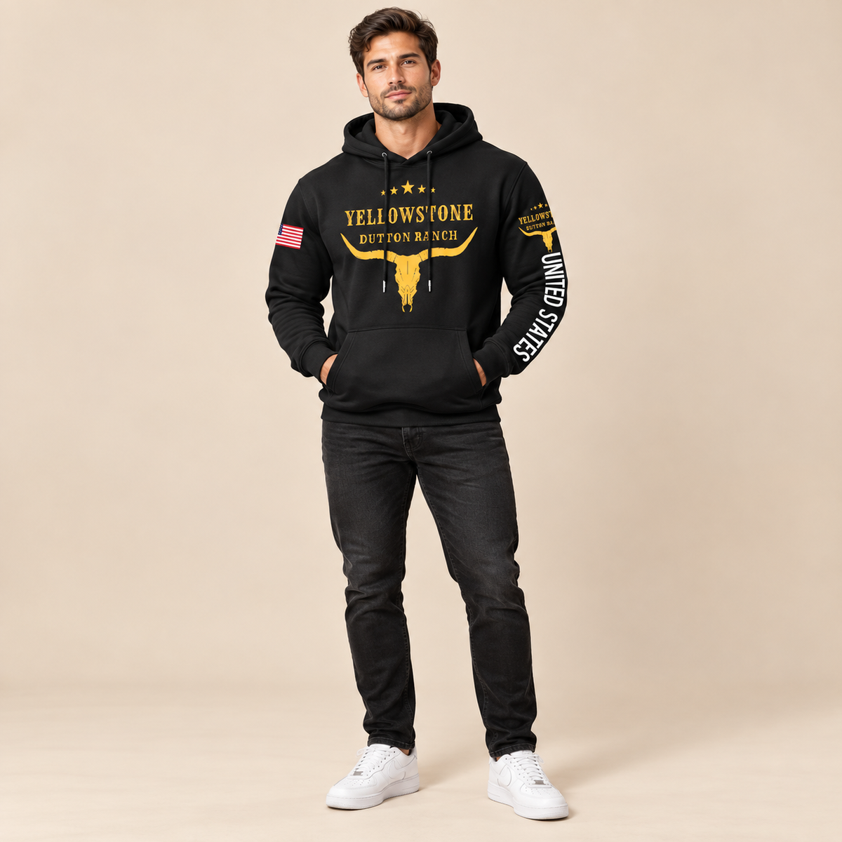 Male model wearing the Yellow Stone Bull Graphic Hoodie