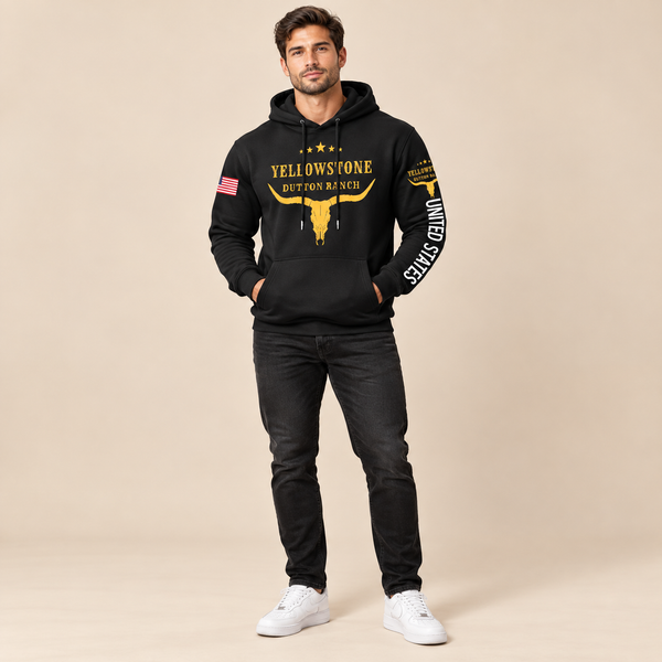 Male model wearing the Yellow Stone Bull Graphic Hoodie