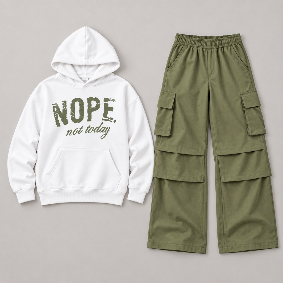 Nope Not Today white hoodie and olive cargo pants flat lay