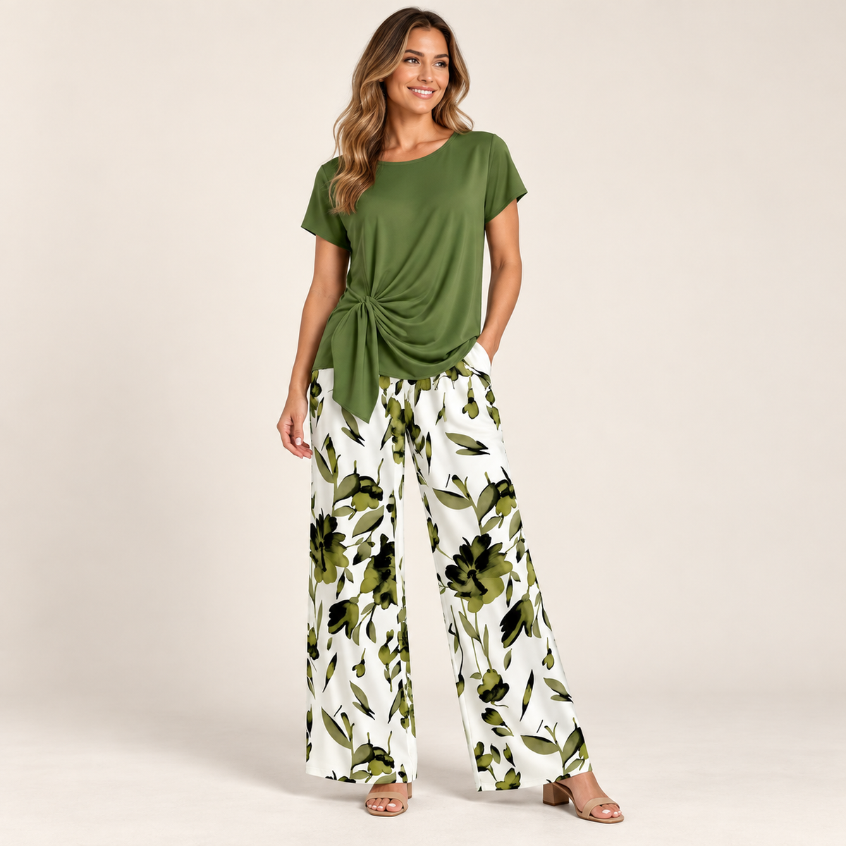 Women wearing olive green twist-front top and white floral wide-leg pants set